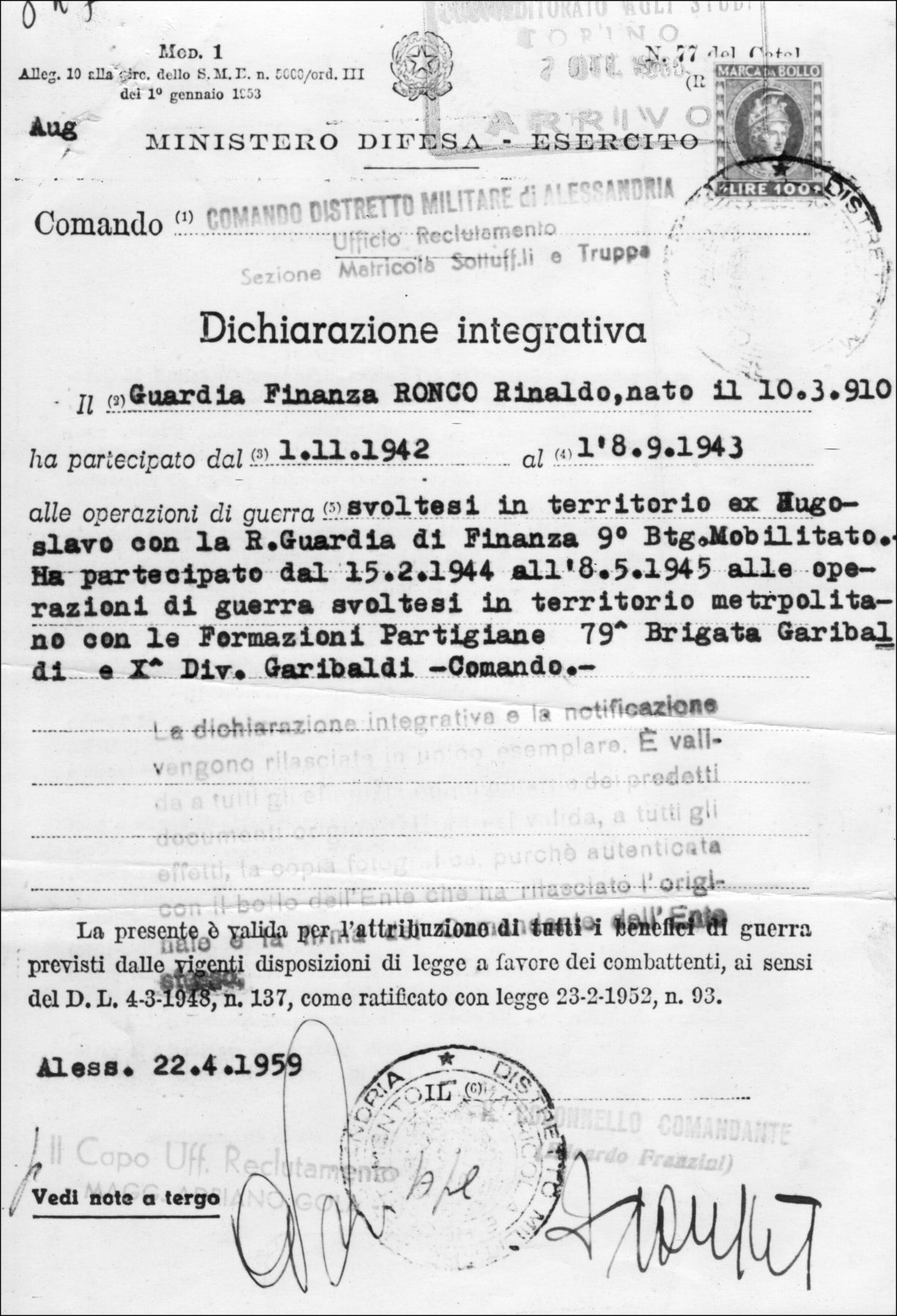 documento - dichiarazione integrativa della Guardia di Finanza sul servizio di Rinaldo Ronco